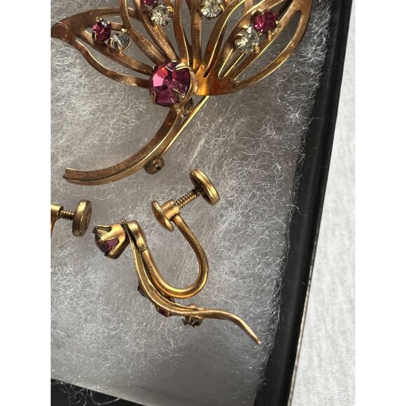 Vintage 50s GF Floral Brooch Earring Set 1/20 12K Rose Gold Filled Pink Clear St - Picture 5 of 10